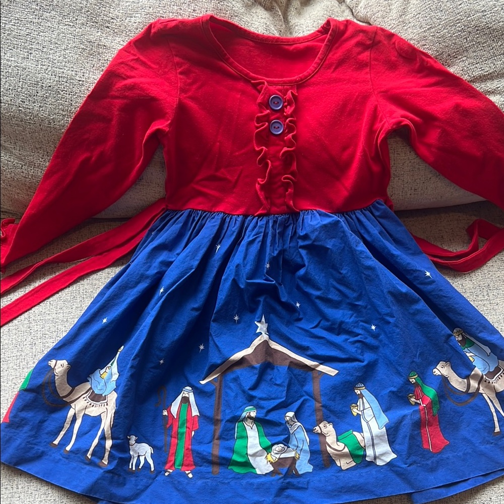 Eleanor Rose Red and Blue A-line Dress with Long Bishop Sleeves